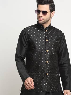 Men Silk Black Kurta Churidar With Black Polka Dotted Nehru Jacket Set 4