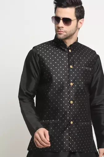 Men Silk Black Kurta Churidar With Black Polka Dotted Nehru Jacket Set