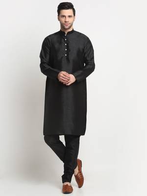 Men Silk Black Kurta Churidar With Black Polka Dotted Nehru Jacket Set 5