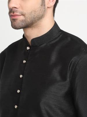 Men Silk Black Kurta Churidar With Black Polka Dotted Nehru Jacket Set 6