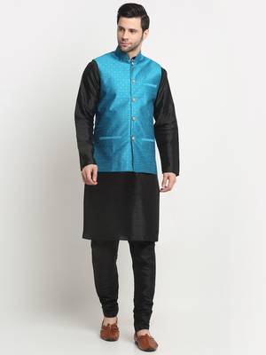 Men Silk Black Kurta Churidar With Blue Polka Dotted Nehru Jacket Set 1