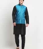 Men Silk Black Kurta Churidar With Blue Polka Dotted Nehru Jacket Set