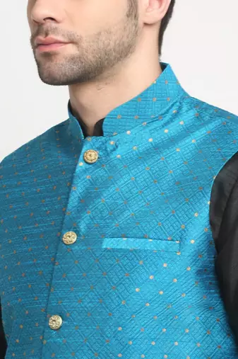 Men Silk Black Kurta Churidar With Blue Polka Dotted Nehru Jacket Set