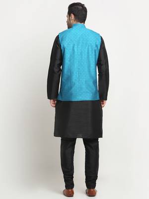 Men Silk Black Kurta Churidar With Blue Polka Dotted Nehru Jacket Set 3