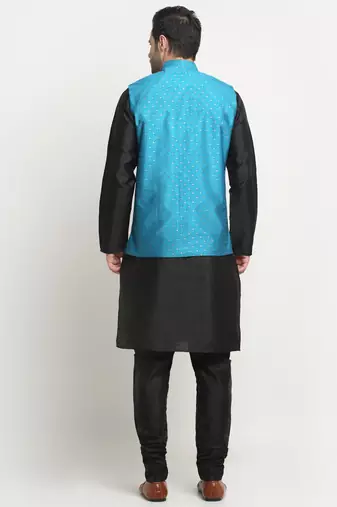 Men Silk Black Kurta Churidar With Blue Polka Dotted Nehru Jacket Set
