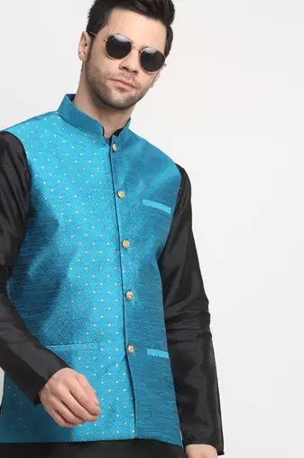 Men Silk Black Kurta Churidar With Blue Polka Dotted Nehru Jacket Set