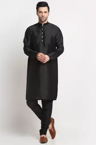 Men Silk Black Kurta Churidar With Blue Polka Dotted Nehru Jacket Set