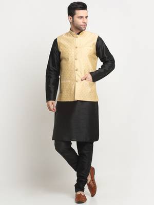 Men Silk Black Kurta Churidar With Beige Polka Dotted Nehru Jacket Set 1