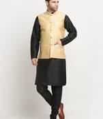 Men Silk Black Kurta Churidar With Beige Polka Dotted Nehru Jacket Set