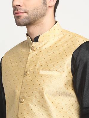 Men Silk Black Kurta Churidar With Beige Polka Dotted Nehru Jacket Set 2