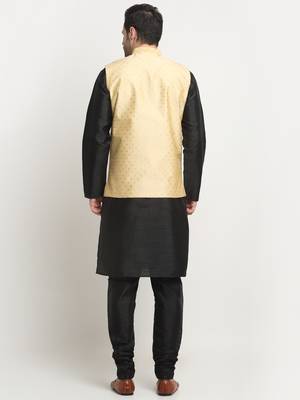 Men Silk Black Kurta Churidar With Beige Polka Dotted Nehru Jacket Set 3