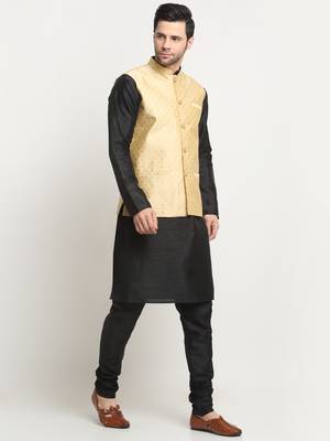 Men Silk Black Kurta Churidar With Beige Polka Dotted Nehru Jacket Set 4