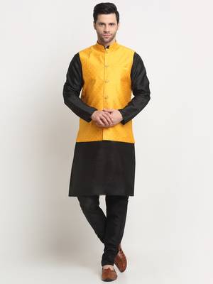 Men Silk Black Kurta Churidar With Yellow Polka Dotted Nehru Jacket Set 1
