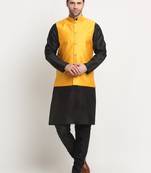 Men Silk Black Kurta Churidar With Yellow Polka Dotted Nehru Jacket Set