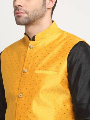 Men Silk Black Kurta Churidar With Yellow Polka Dotted Nehru Jacket Set 2