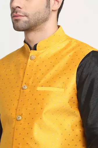 Men Silk Black Kurta Churidar With Yellow Polka Dotted Nehru Jacket Set