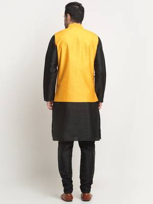Men Silk Black Kurta Churidar With Yellow Polka Dotted Nehru Jacket Set 3