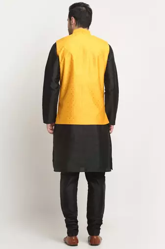 Men Silk Black Kurta Churidar With Yellow Polka Dotted Nehru Jacket Set