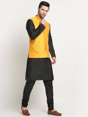 Men Silk Black Kurta Churidar With Yellow Polka Dotted Nehru Jacket Set 4