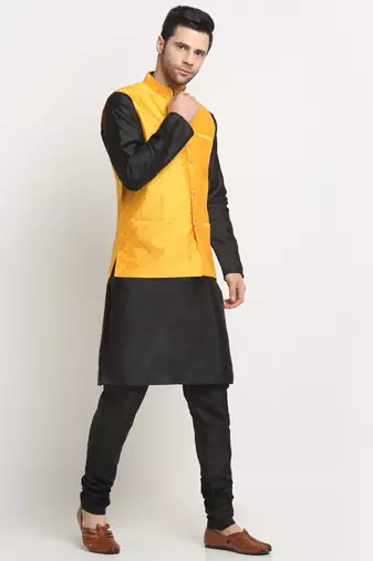 Men Silk Black Kurta Churidar With Yellow Polka Dotted Nehru Jacket Set
