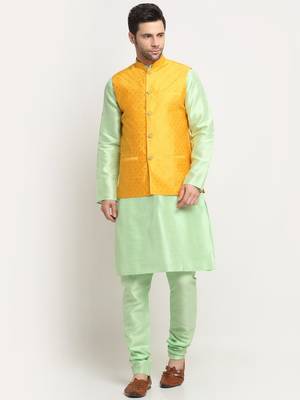 Men Silk Sea Green Kurta Churidar With Yellow Polka Dotted Nehru Jacket Set 1