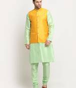 Men Silk Sea Green Kurta Churidar With Yellow Polka Dotted Nehru Jacket Set