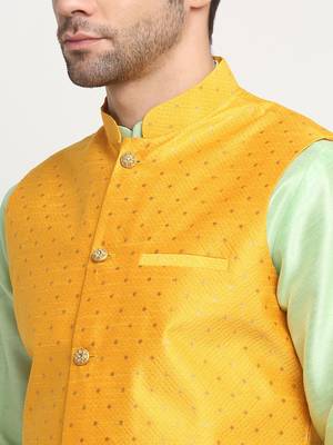 Men Silk Sea Green Kurta Churidar With Yellow Polka Dotted Nehru Jacket Set 2