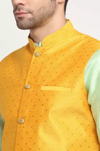 Men Silk Sea Green Kurta Churidar With Yellow Polka Dotted Nehru Jacket Set