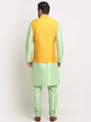 Men Silk Sea Green Kurta Churidar With Yellow Polka Dotted Nehru Jacket Set 3