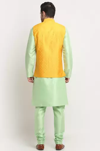 Men Silk Sea Green Kurta Churidar With Yellow Polka Dotted Nehru Jacket Set