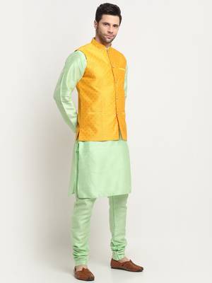 Men Silk Sea Green Kurta Churidar With Yellow Polka Dotted Nehru Jacket Set 4