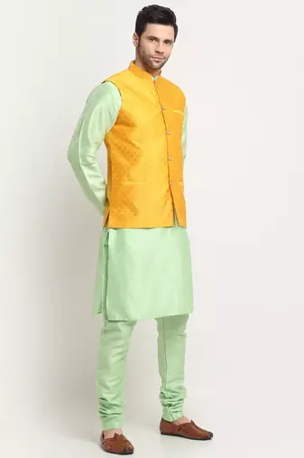 Men Silk Sea Green Kurta Churidar With Yellow Polka Dotted Nehru Jacket Set
