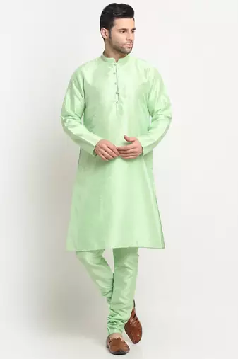 Men Silk Sea Green Kurta Churidar With Yellow Polka Dotted Nehru Jacket Set