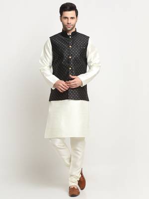Men Silk Cream Kurta Churidar With Black Polka Dotted Nehru Jacket Set 1