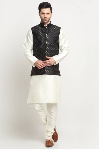 KRAFT INDIA Men Silk Cream Kurta Churidar With Black Polka Dotted Nehru Jacket Set