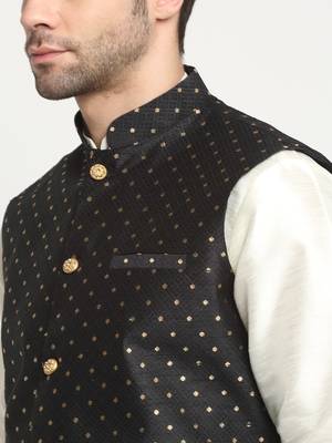 Men Silk Cream Kurta Churidar With Black Polka Dotted Nehru Jacket Set 2