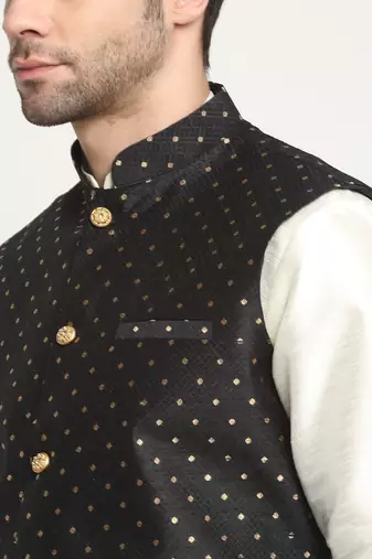 Men Silk Cream Kurta Churidar With Black Polka Dotted Nehru Jacket Set