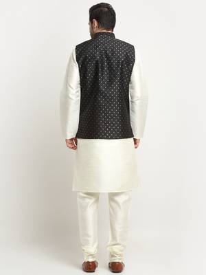 Men Silk Cream Kurta Churidar With Black Polka Dotted Nehru Jacket Set 3