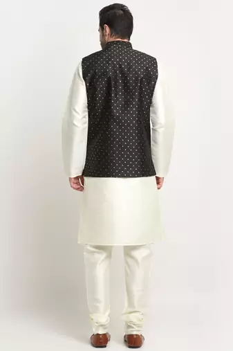 Men Silk Cream Kurta Churidar With Black Polka Dotted Nehru Jacket Set