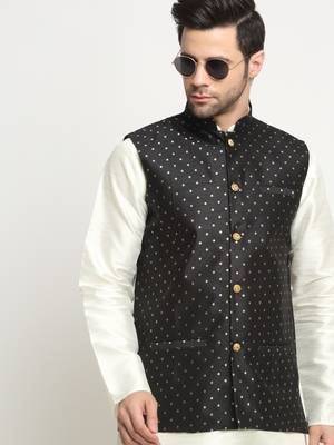 Men Silk Cream Kurta Churidar With Black Polka Dotted Nehru Jacket Set 4