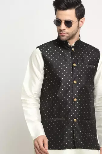 Men Silk Cream Kurta Churidar With Black Polka Dotted Nehru Jacket Set