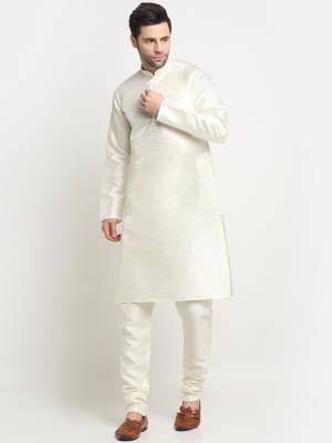 Men Silk Cream Kurta Churidar With Black Polka Dotted Nehru Jacket Set 5