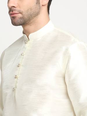 Men Silk Cream Kurta Churidar With Black Polka Dotted Nehru Jacket Set 6