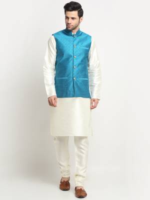 Men Silk Cream Kurta Churidar With Blue Polka Dotted Nehru Jacket Set 1