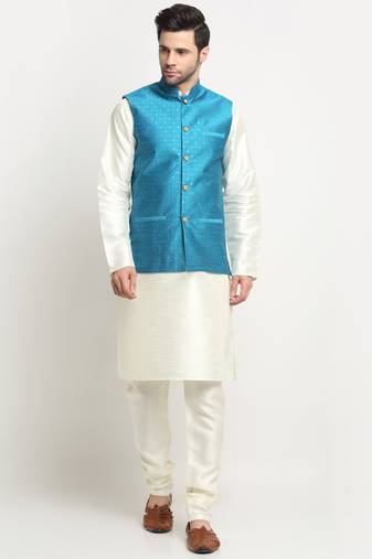 KRAFT INDIA Men Silk Cream Kurta Churidar With Blue Polka Dotted Nehru Jacket Set
