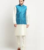 Men Silk Cream Kurta Churidar With Blue Polka Dotted Nehru Jacket Set