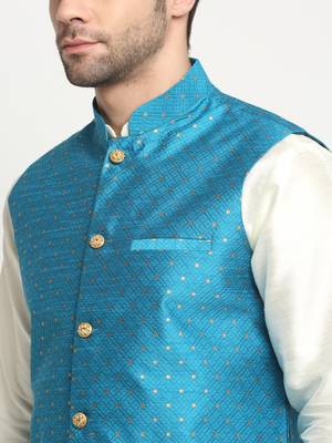 Men Silk Cream Kurta Churidar With Blue Polka Dotted Nehru Jacket Set 2