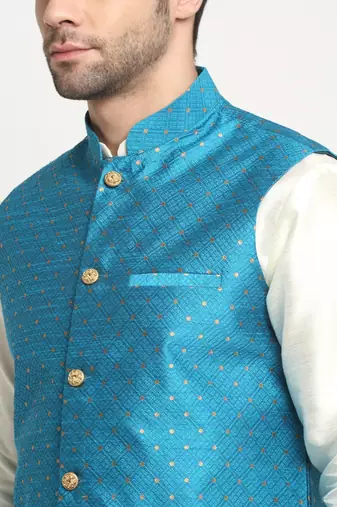 Men Silk Cream Kurta Churidar With Blue Polka Dotted Nehru Jacket Set