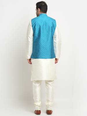 Men Silk Cream Kurta Churidar With Blue Polka Dotted Nehru Jacket Set 3