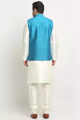 Men Silk Cream Kurta Churidar With Blue Polka Dotted Nehru Jacket Set